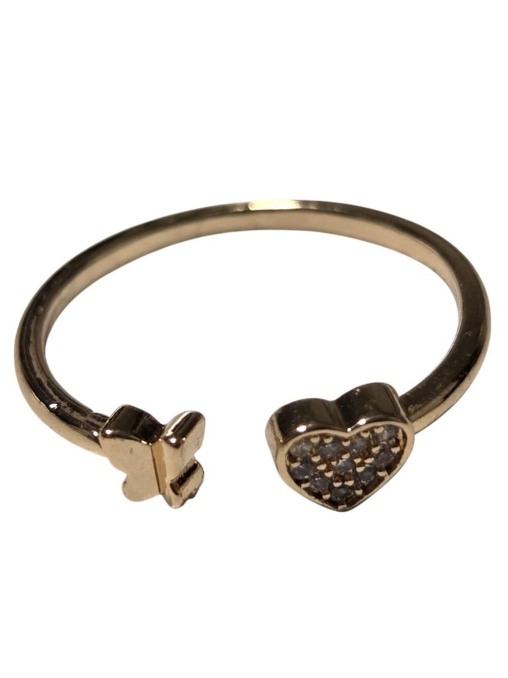 Heart Butterfly Ring Size 7.25 Gold Tone Open Design Rhinestone Accents Jewelry